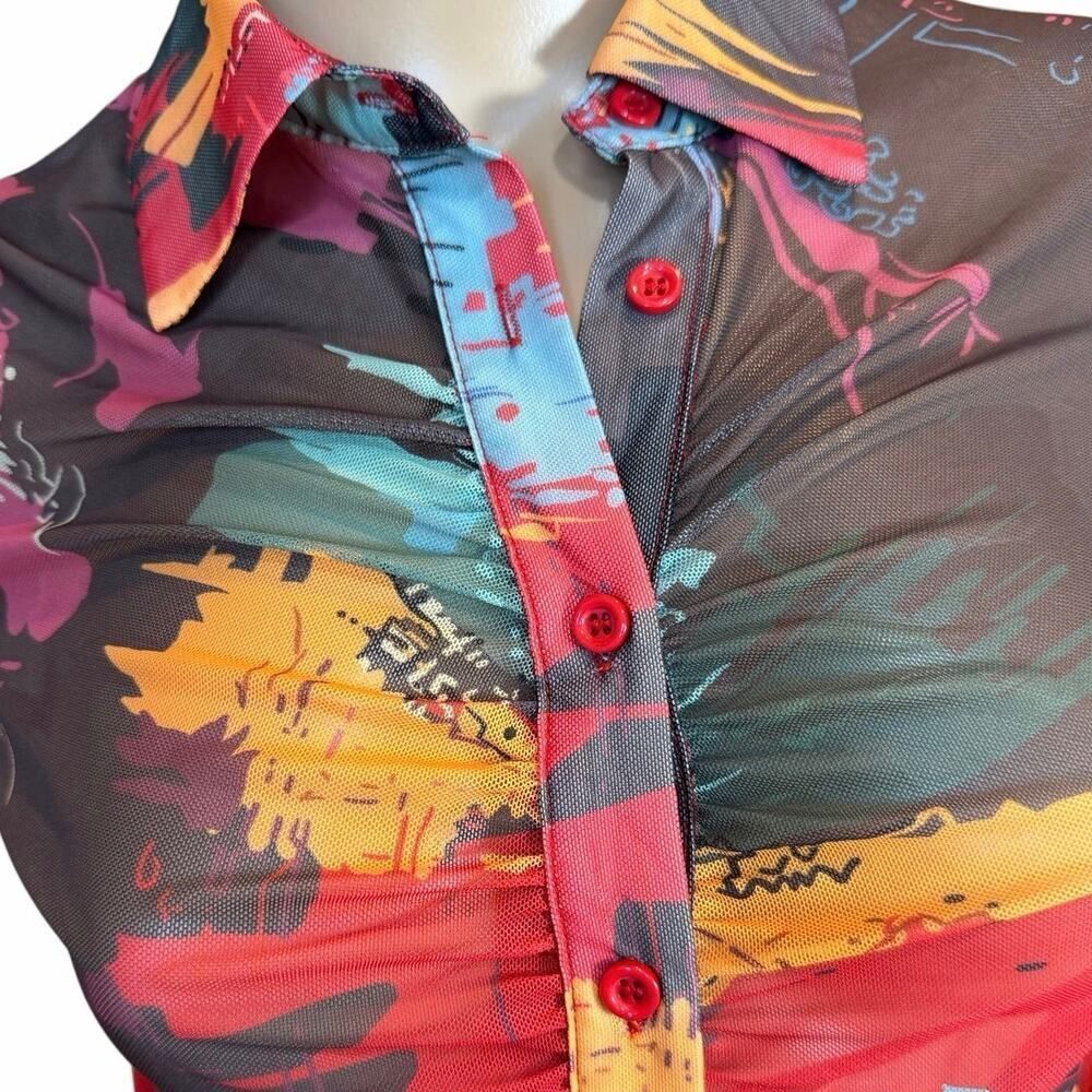 Abstract Y2K Art to Wear Colorful Vibrant Artsy Ruched Button Up Blouse Women XS - Picture 3 of 11